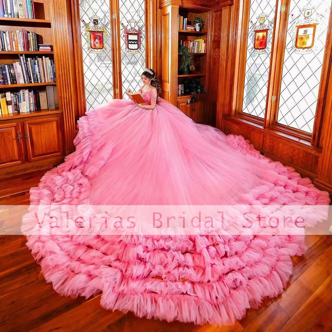 

Роскошное розовое платье для Quinceanera, бальные платья Золушки с оборками и бусинами, платья для дня рождения и выпускного вечера, Vestido De 15 Quinceañeras