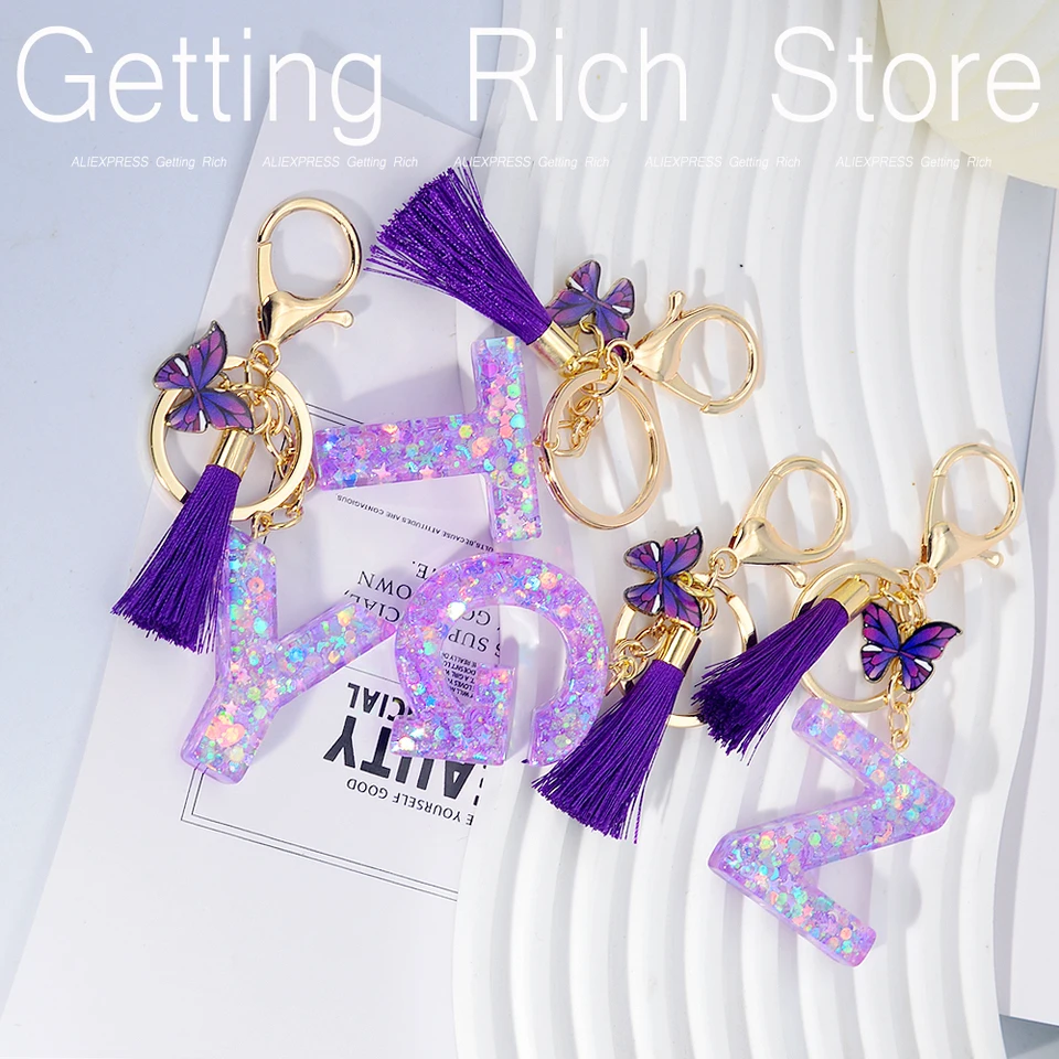 Glitter Letter Keychain - A-Z Alphabet Initial Pendant With Tassel & Glass Ball (Choose Letter)