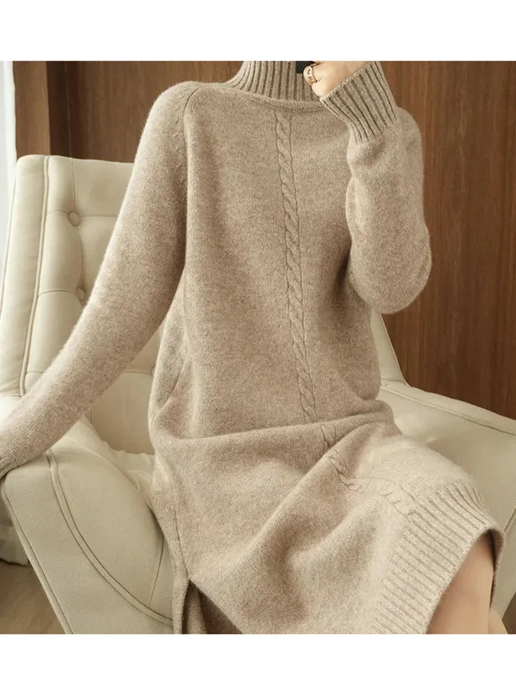 

Winter Sweater Dresses For Women Clothing Twist Vintage Midi Dress Female Knee Length Turtleneck Vestidos Femme New