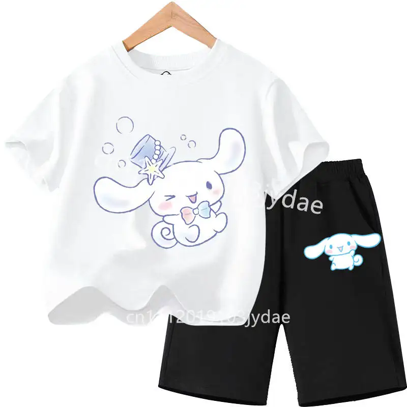 Summer Casual Clothing for 2-12 Year Boys Girls Shirt Suit Cute Cartoon Cinnamoroll Printed Kids T-Shirt Set Soft Comfortable