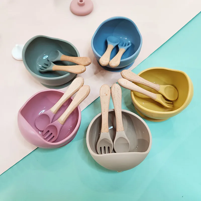 3pcs Baby Silicone Bowl, Wooden Spoon & Fork Set With Suction Cup Base,  Feeding Tableware For Children