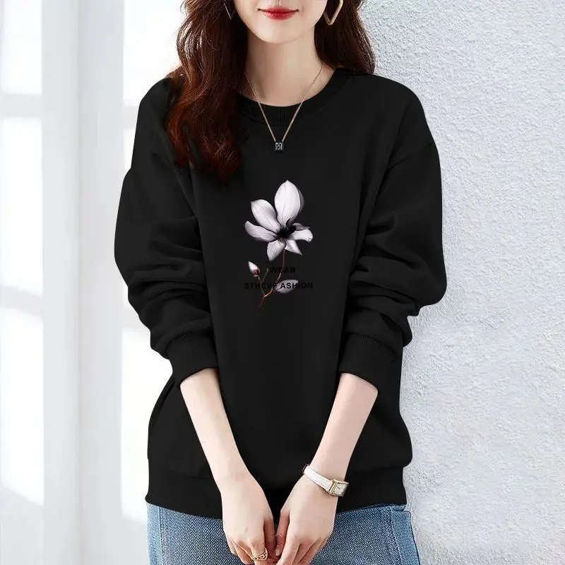 여성용 크루넥 긴팔 프린트 루즈한 풀오버, 한국 후드티, 클래식 캐주얼 올매치 상의, 가을 및 겨울 패션