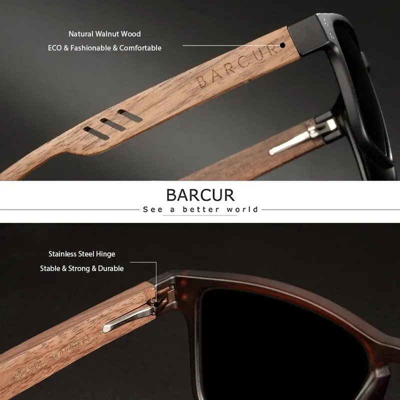 BARCUR Original Design Holz-Sonnenbrille für Herren, polarisiert, leicht, Sonnenbrille, Damen, quadratisch, klassisches Brillenzubehör – Detail 1