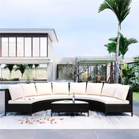 5-Piece Half Moon Outdoor Sectional Sofa Set,Cushions and Half-Moon Tempered Glass Table, Patio All-Weather PE Wicker Furniture 1
