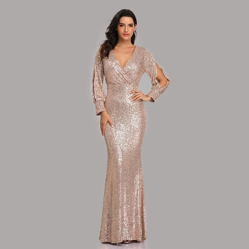 

Women's V Neck Long Sleeve Sparkling Sequins Mermaid Evening Sleeve Ball Gown Mermaid Skirt For Date Formal Wear Women Elegant