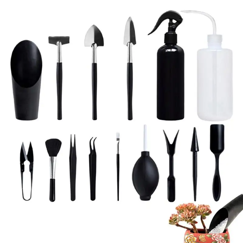 

Набор ручных инструментов для садоводства, комплект из 15 мини-инструментов для суккулентов, для начинающих, для ухода за комнатными растениями, черная посадка