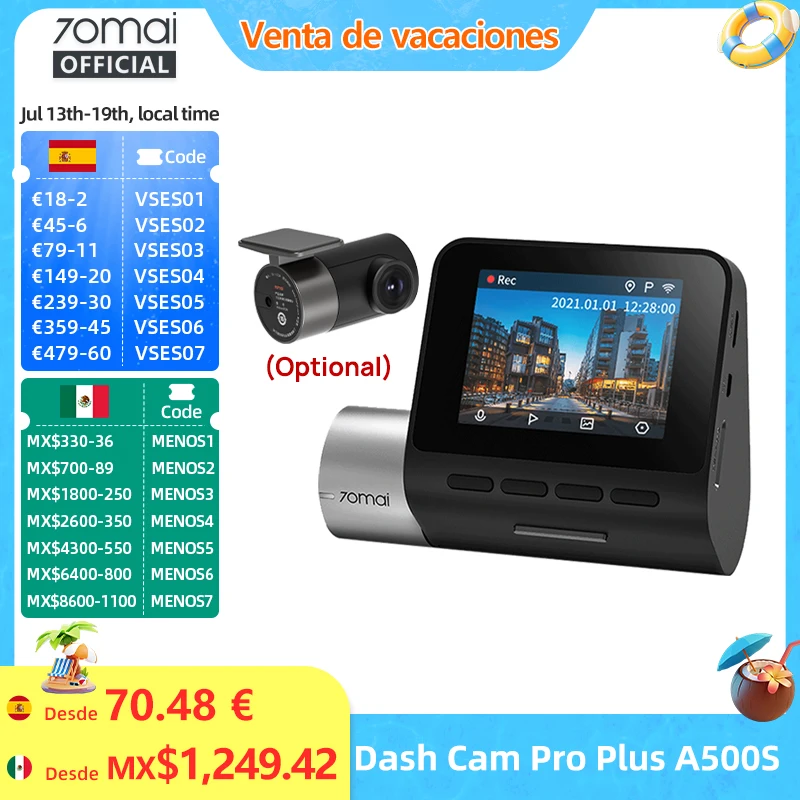 70mai Dash Cam Pro Plus A500S 1944P ADAS GPS cámara 70mai cámara frontal A500S 140FOV coche DVR 24H soporte de estacionamiento cámara Interior trasera