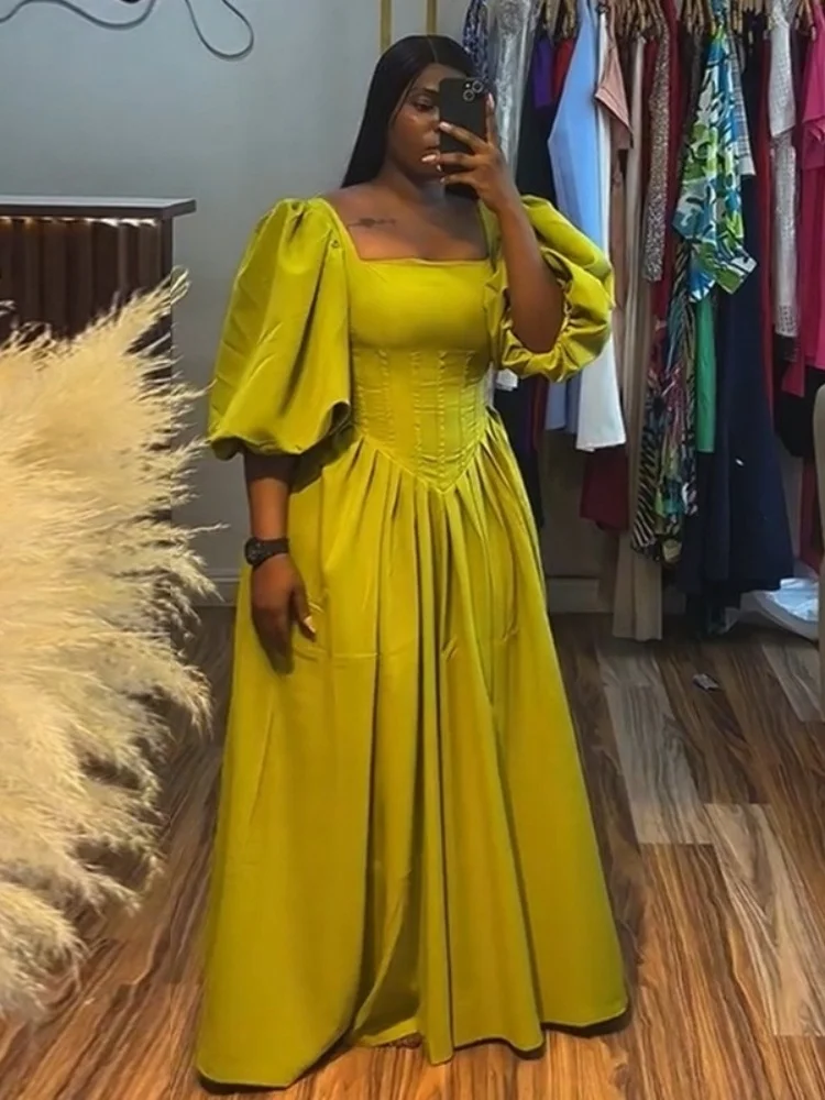 Wmstar Dress Wholesale 2025 Summer New Style Sweet Fresh Square Neck Corset Waist Tie Lantern Sleeve A Line Long Dresses