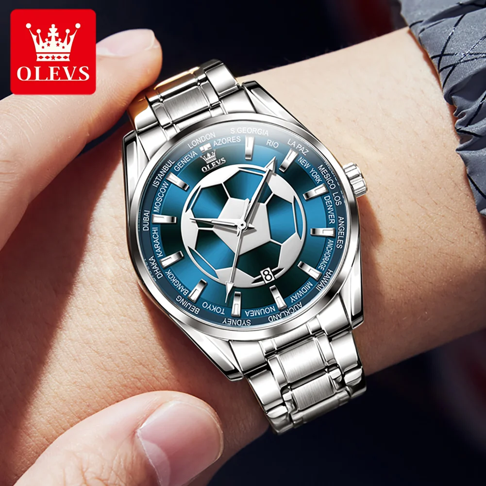 OLEVS Mens Watches Top Brand Luxury Stainless Steel Football Dial Quartz Watch for Men Sport Waterproof Luminous Relojes Hombre