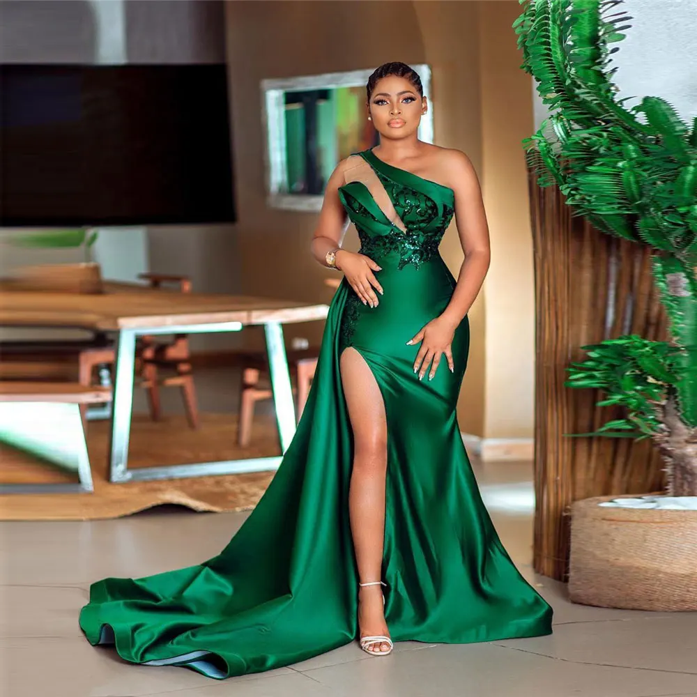 

African Women Green Evening Dresses Satin One Shoulder High Side Split Sequins Mermaid Prom Dress Formal Gown Custom Plus Size