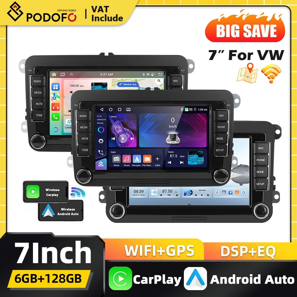 Radio de Coche Podofo de 7 Pulgadas con Android 2Din para VW POLO, Seat Altea, JATTA, PASSAT, GOLF, Carplay, Android Auto, Navegación GPS, DSP, BT, FM, RDS 1