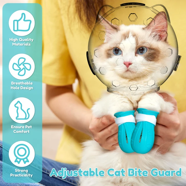 1/2Pcs Cat Muzzle Pet Grooming Cover Accessory Anti-bite Anti-Licking Cat Space Hood Breathable Helmet with 4 Silicone Paw Shoes 2