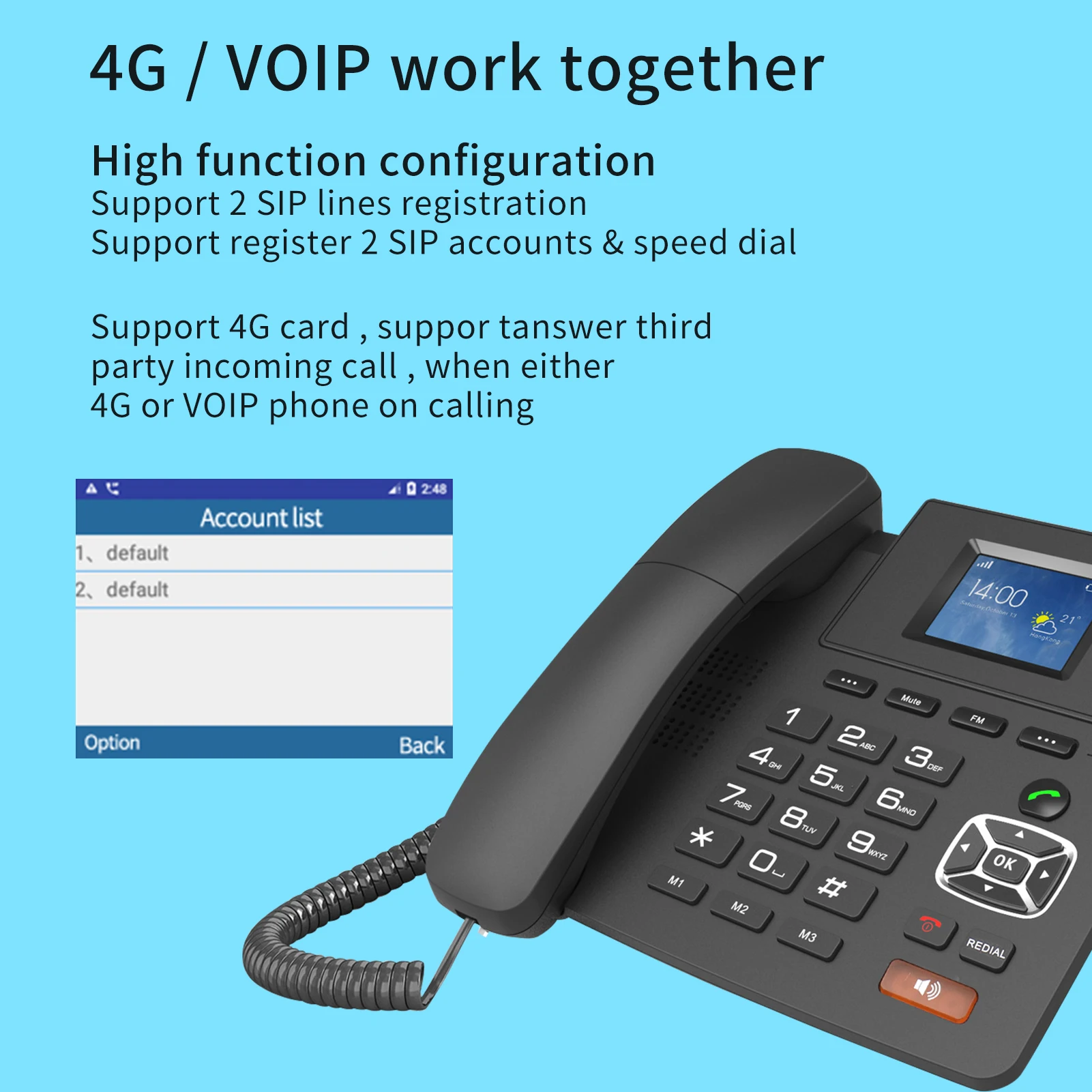 4G Desktop Dual modes Wireless Telephone 4G VOIP Phone Support 2 SIP Accounts WIFI SIM Card wi/ Antenna LCD Screen Auto Answer