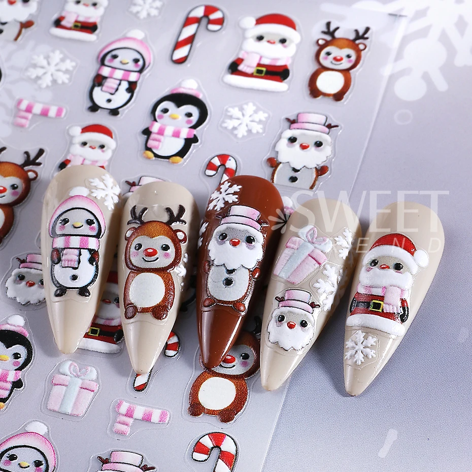 3pcs Embossed Christmas Nail Stickers Cute Snowman Santa Claus Penguin Bear Nail Decals Autumn Winter Nail Supplies Decoration
