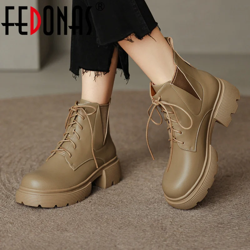 

FEDONAS Cross-Tied Women Ankle Boots Autumn Winter Leisure Thick Heels Outdoor Short Boots Genuine Leather Basic Shoes Woman New