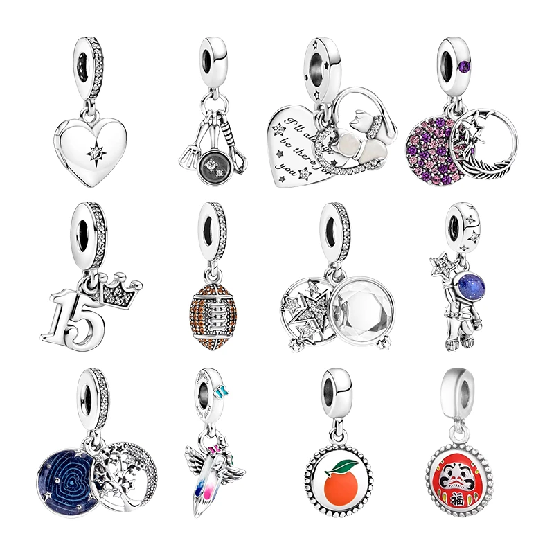 

925 Silver Pendants Charms For Women Bracelets DIY Cat Heart Feather 15th Birthday Football Galaxy Star Astronaut Tree Orange