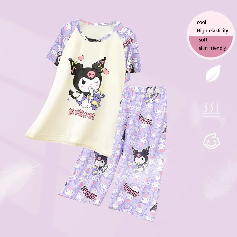 

Sanrio My Melody Kuromi Cartoon Anime Children's Homewear Short Sleeve Shorts Two-Piece Set Crew Neck Casual Pajama Sets 20233