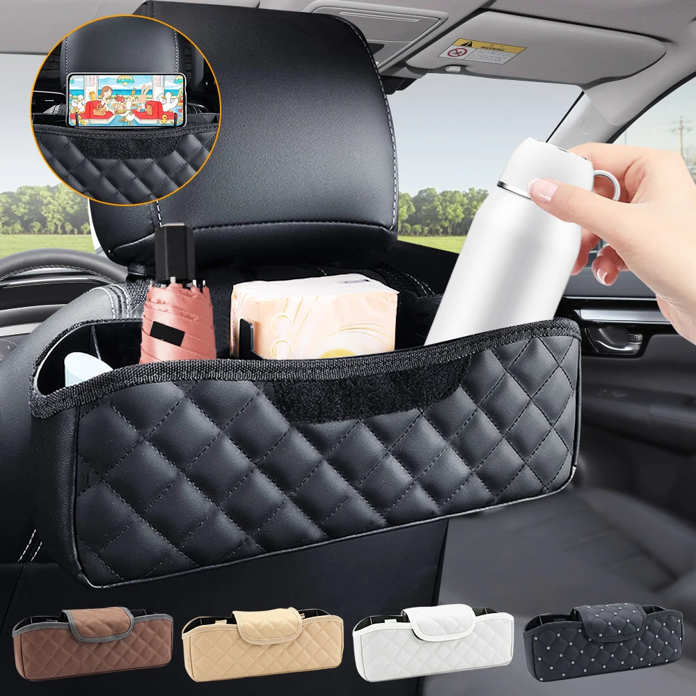 Leather Car Headrest Backseat Organizer Headrest Hanging Storage Bag