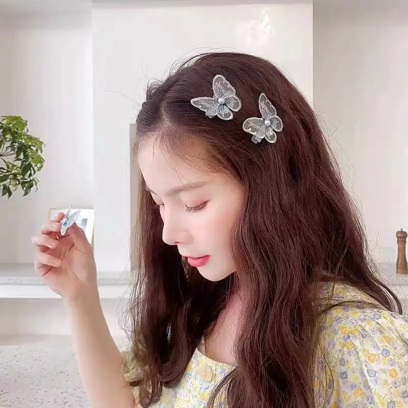 Korean Cute Baby Girls Hairpin Candy Embroidery Fabric Pearl Butterfly Hairpin Female Small Bangs Edge Clip for Kids Accessories