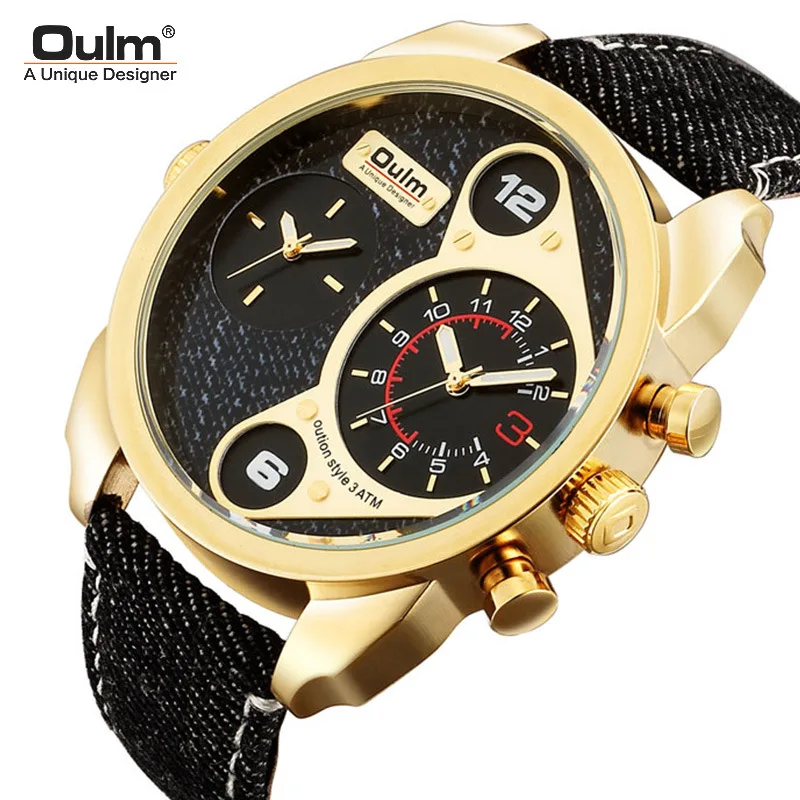 

Fashion Oulm Top Brand Denim Strap Men's Dual Time Zone Large Dial Quartz Outdoor Military Sports Wrist Watches