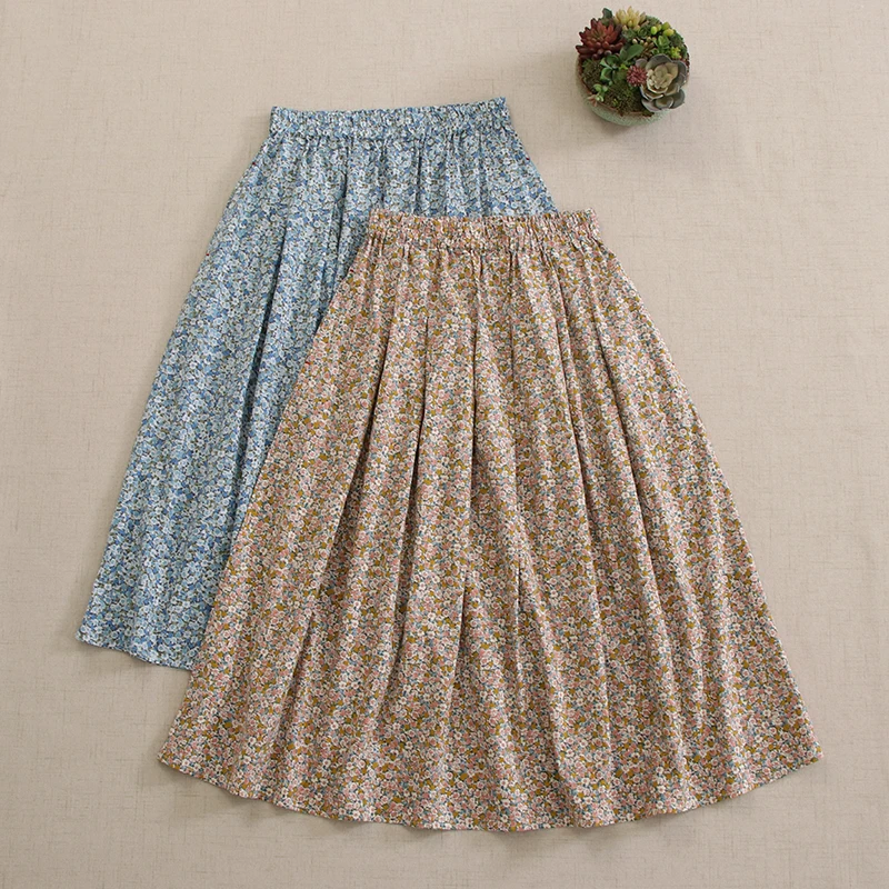 Tavimart Japanese Style Mori Girl Floral Print Skirt Loose Elastic Waist Cotton Linen Women Skirts