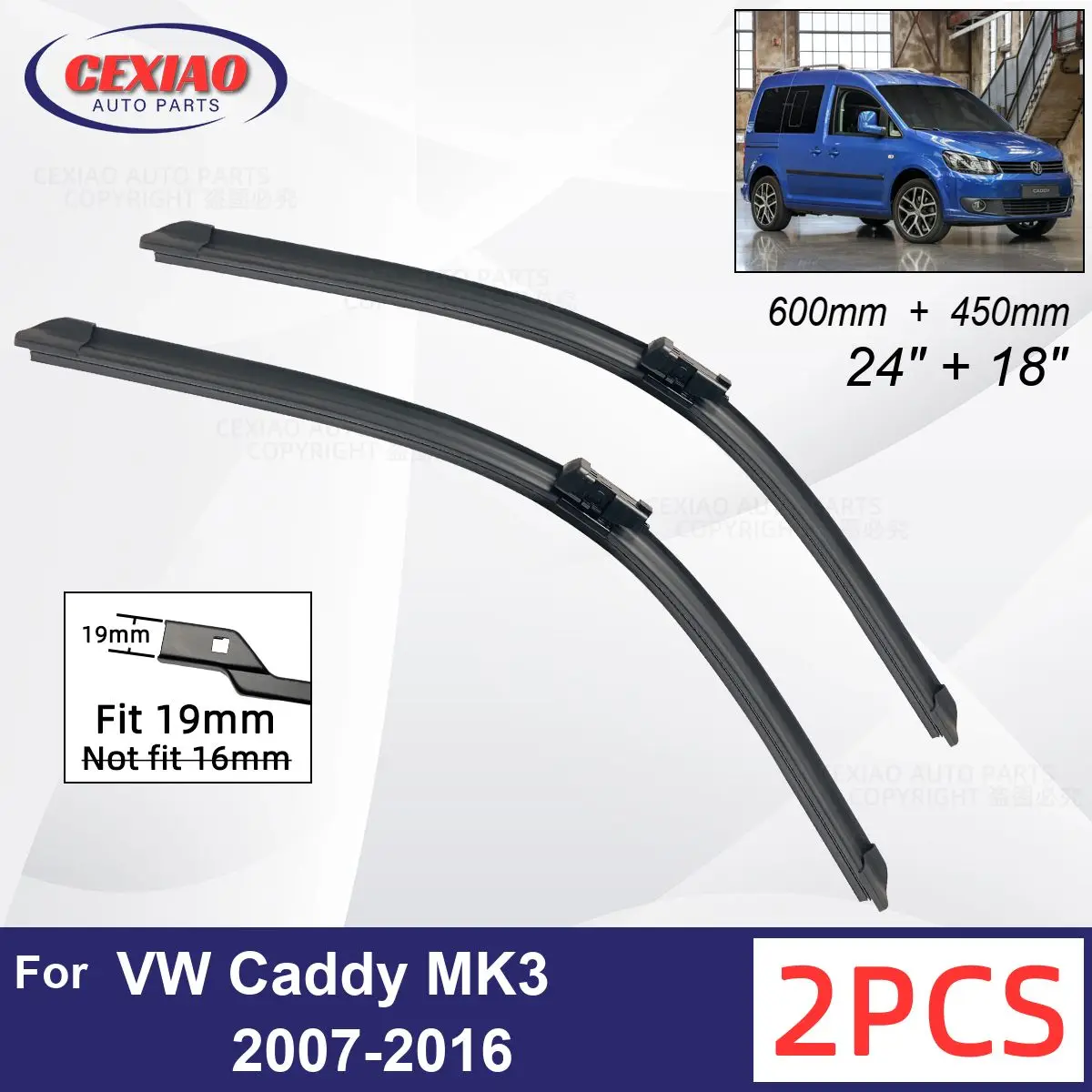 

Автомобильный стеклоочиститель для VW Caddy MK3 2007-2016, передние стеклоочистители, мягкие резиновые стеклоочистители для автомобильного лобового стекла 24 дюйма + 18 дюймов 600 мм + 450 мм