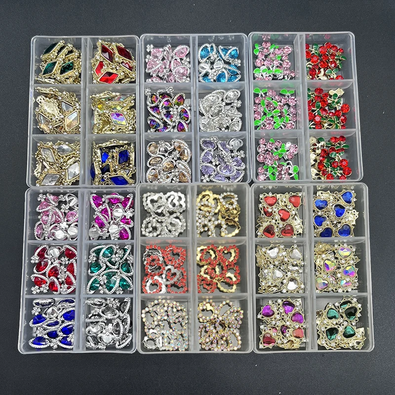 

5 Boxes Nail Art Rhinestones Gems Decorations Luxury Metal Alloy Heart Planet Nail Charms Crystal Glass Diamonds For DIY Nail Ar
