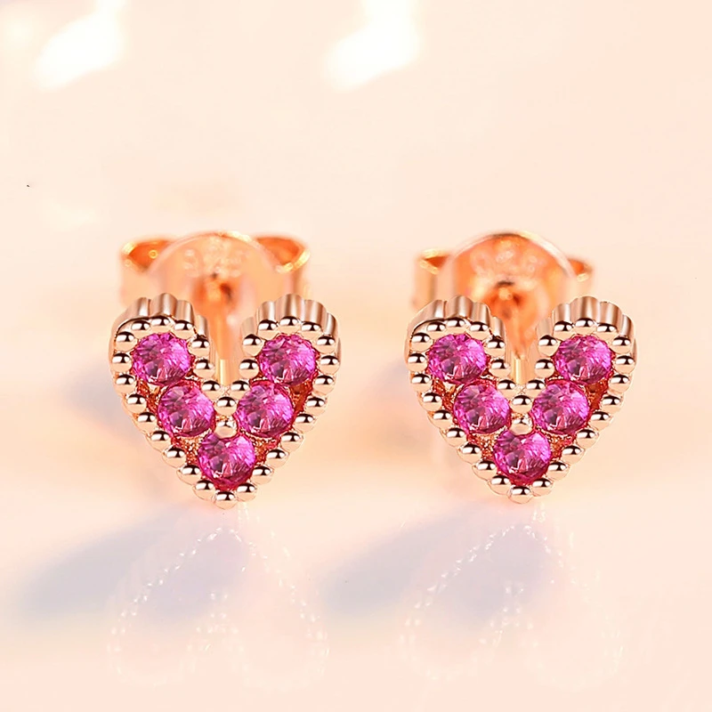 S925 Sterling Silver Red Zircon Love-Shaped Girl Earrings Korean Simple Personality Temperament Wild Ear Jewelry