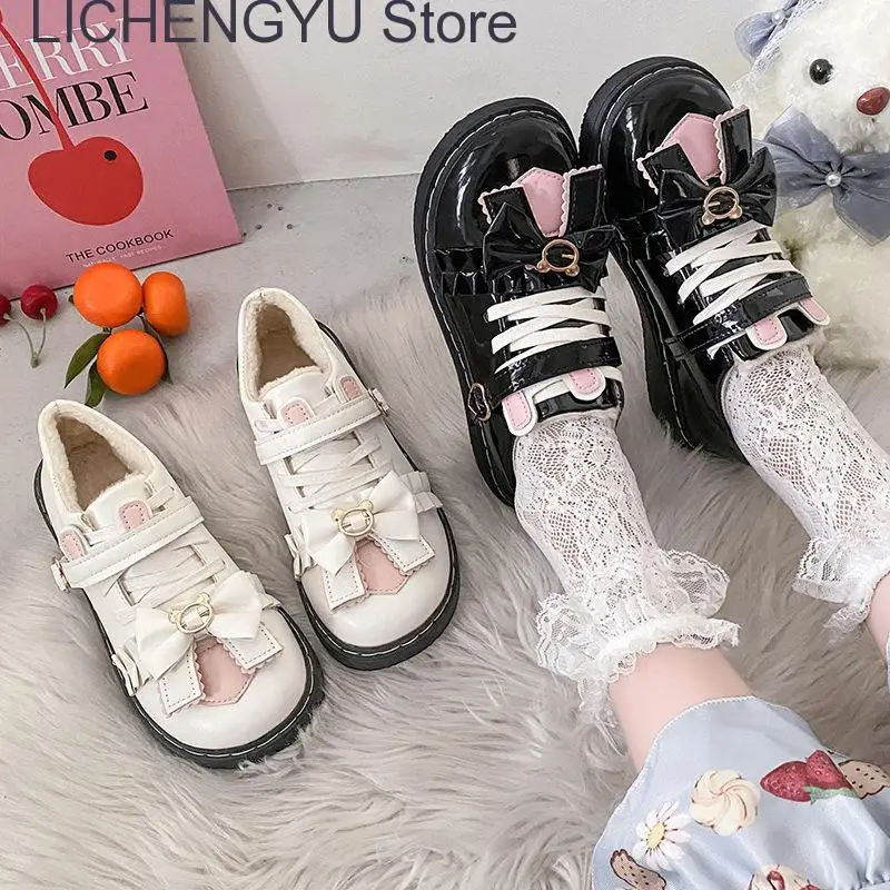 2023 Winter Japanese Lolita Soft Cute Female Student Jk Uniform Love Shoes Women Kawaii Bow Plush Warm Zapatillas Mujer