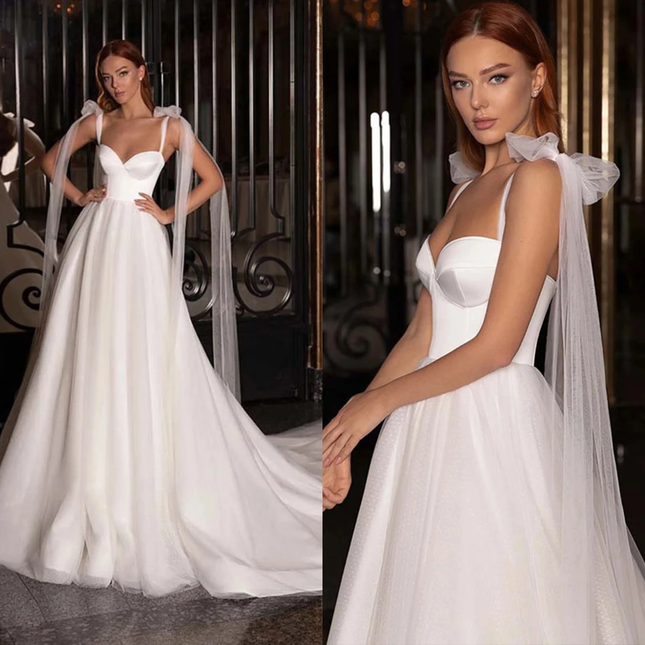 

Classic A-Line Wedding Dress For Women Sweetheart Neck Spaghetti Strap Bridal Gown Sweep Train Solid Color Dresses Custom Made