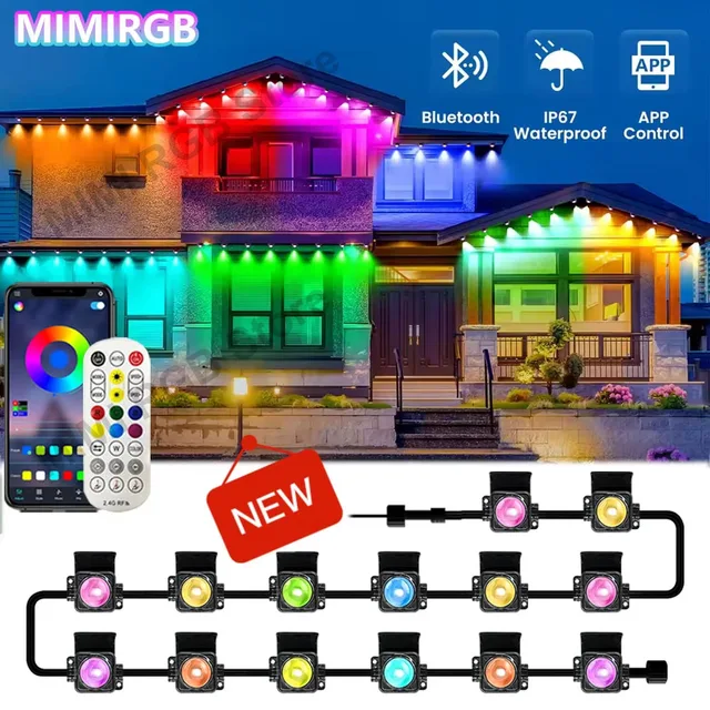 New Black RGB Eaves LED Lights Permanent Outdoor Lights String APP Bluetooth Light Strip Scene Modes House Party Wedding Light