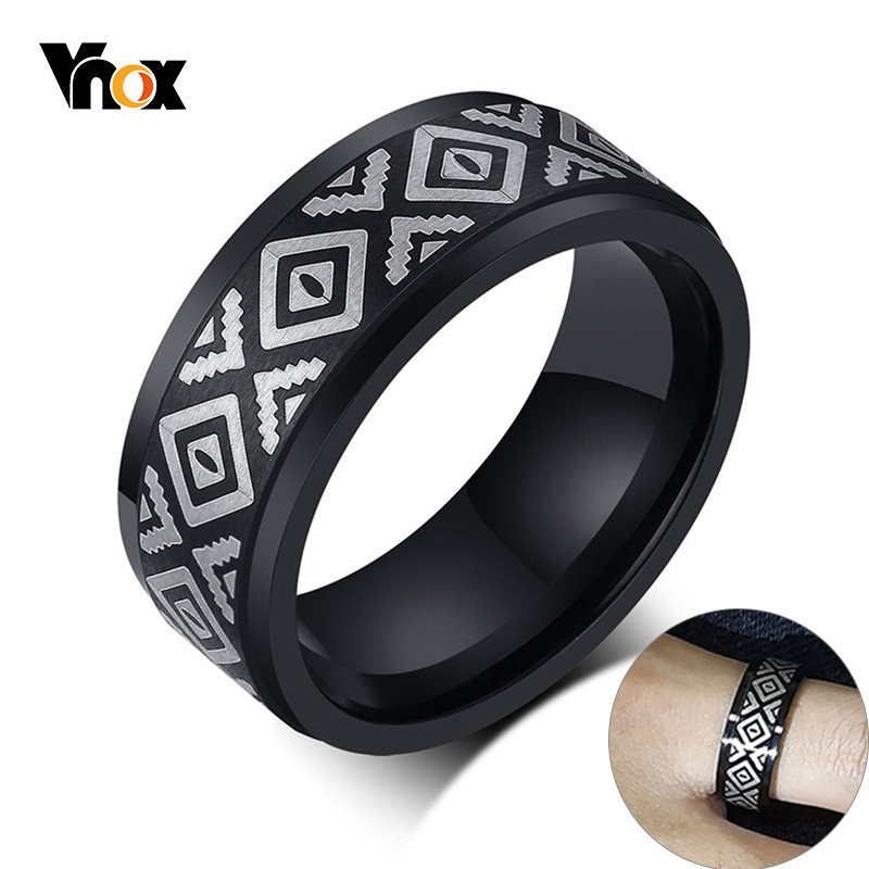 Vnox 8mm Spinner Men's Ring Ethnic Indian Symbol Engraved Black Rotatable Stainless Steel Thick Solid Metal Band Comfort Wear