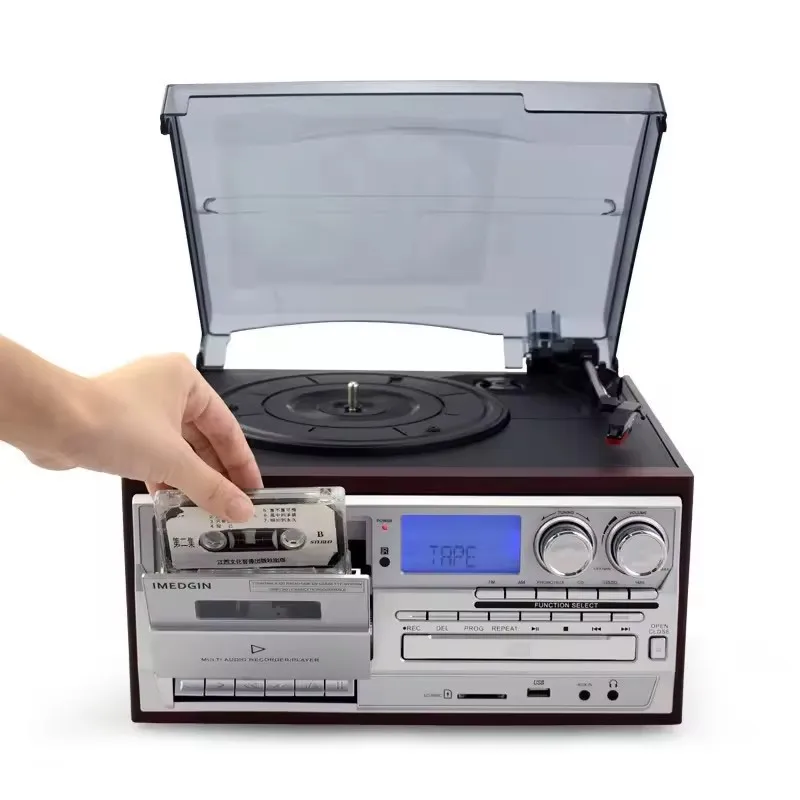 Classic Vintage Multifunction 10-in-1 Gramophone Vinyl Record CD Player Tape Radio Speaker Gramophone Silver
