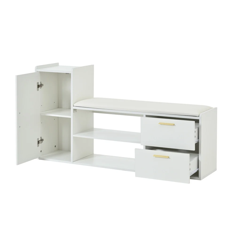 Hochglanz-Schuhschrankbank – gepolsterte Sitzplätze + 2 Schubladen und 1 Schrank, Schuhregal mit Stauraum, für Flur, Wohnzimmer, Büro – Detail 23