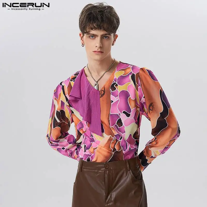 

INCEURN Tops 2023 American Style New Men Fashion V-neck Ruffle Printing Shirts Casual Streetwear Long Sleeved Lapel Blouse S-5XL