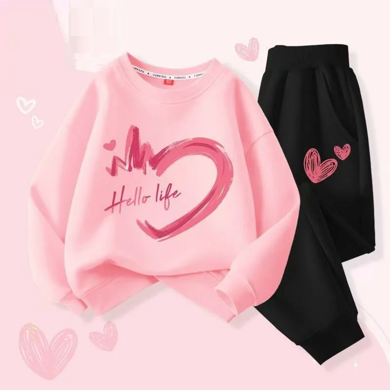Autumn Baby Girls Clothes Set Heart Printed Sweatshirts Pullover Top Pants 2 Pieces Suit Children Sweet Tracksuits