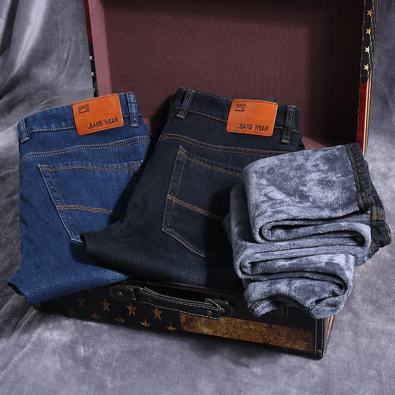 Big Plus Size Men Warm Jeans 2023 Winter New Fashion Casual High Quality Fleece Elastic Straight Thick Trousers Jeans Male Brand 2