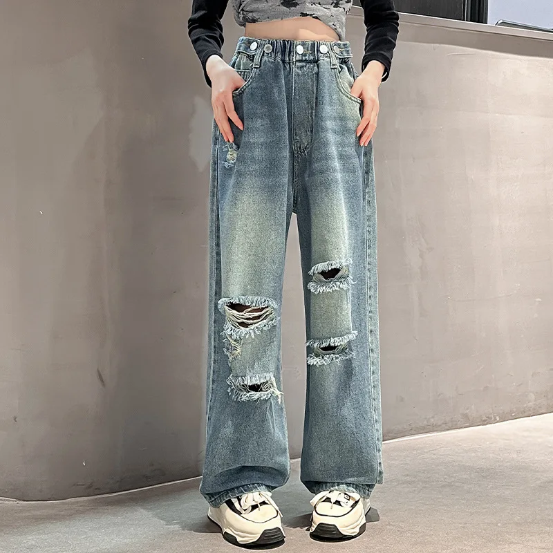 Vintage Ripped Jeans for Girls Fashion High Waist 2024 Spring