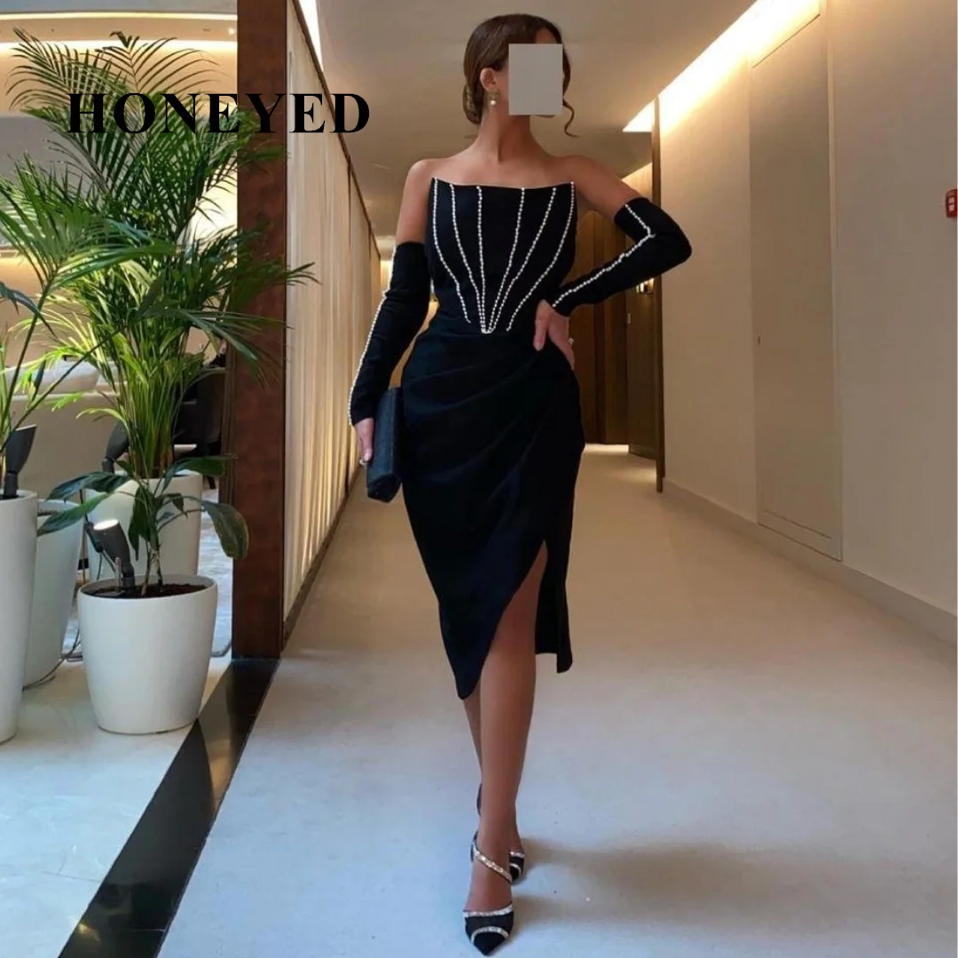 

HONEYED Little Black Vestidos Prom Dresses Strapless Beading Detachable Long Sleeves Cocktail Party Women Wear Short Club Gown