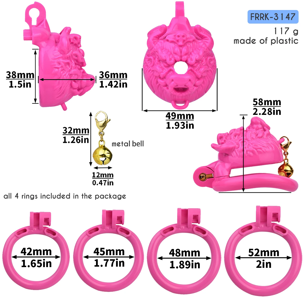 FRRK Auspicious Cub Chastity Cage Device with Metal Bell for Man Metal Penis Rings Tiger Mouth Urethral Tunel 요도 Adults Toys
