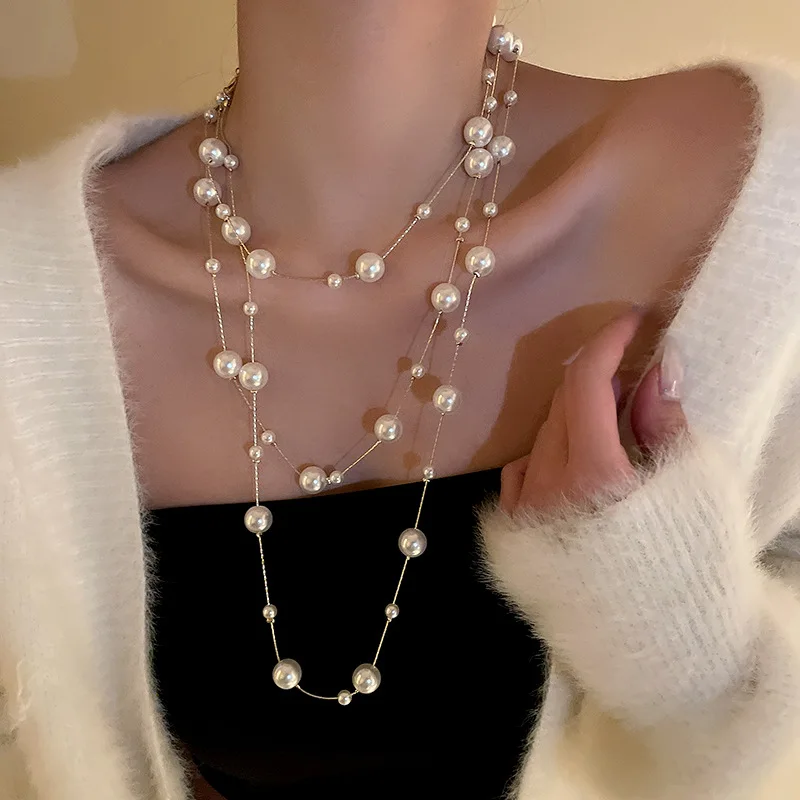 

Жемчужное ожерелье, Длинные подвески, многослойное жемчужное ожерелье с камелией, ожерелья, ювелирные изделия для вечеринки, винтажное жемчужное ожерелье для женщин