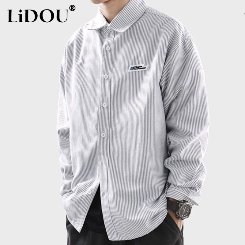 

Spring Autumn New Trendy Versatile Handsome Casual Blouse Man Simple All Match Male Shirt Striped Loose Top Men Business Clothes