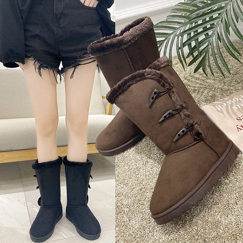 

2023 New Classic Snow Boot Platform Biker Boots for Women Chunky Heel Buckle Vintage Fashion High Mid Calf Boots Shoes Leather