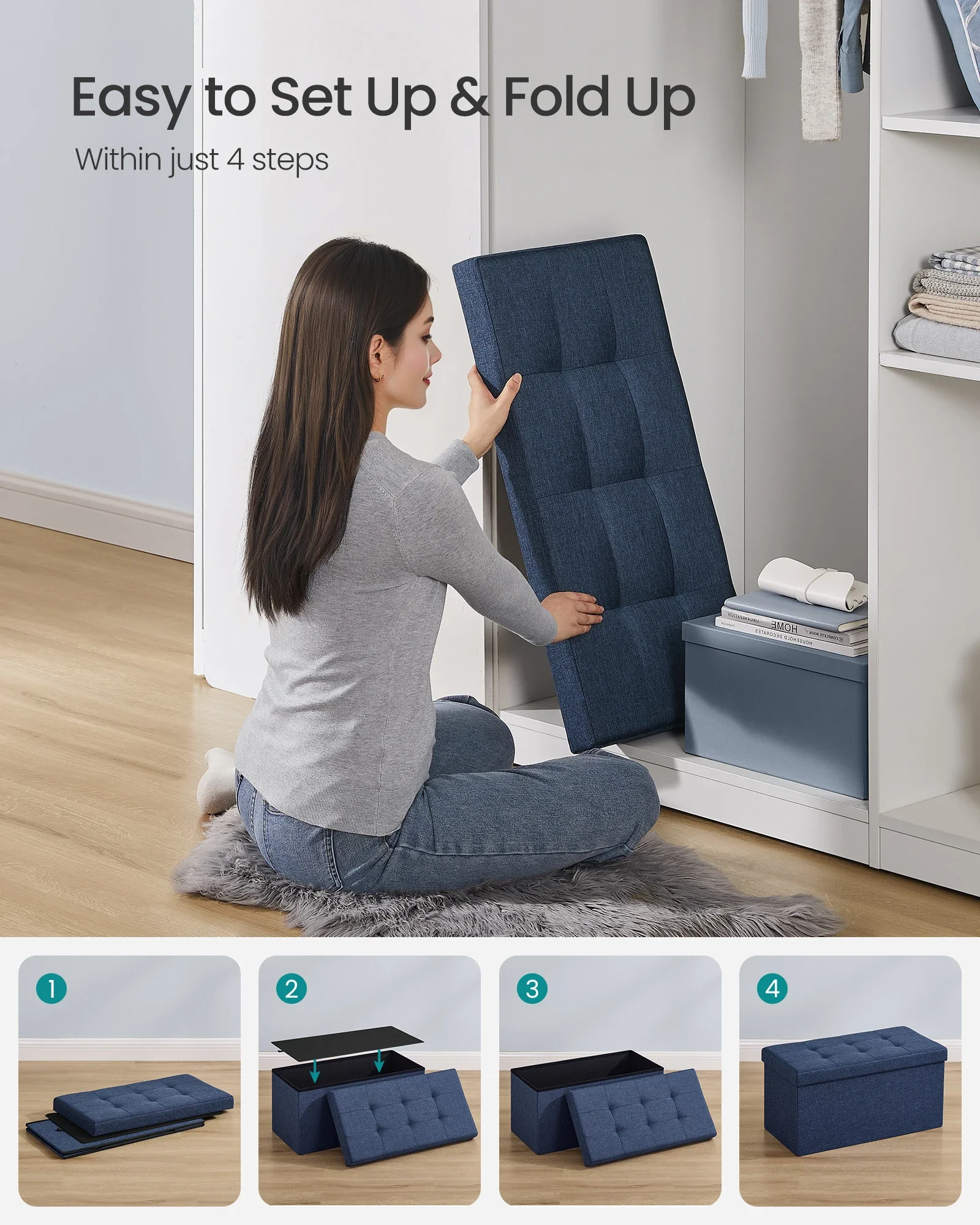 SONGMICS 30 Inches Folding Storage Ottoman Bench, Storage Chest, Foot Rest Stool