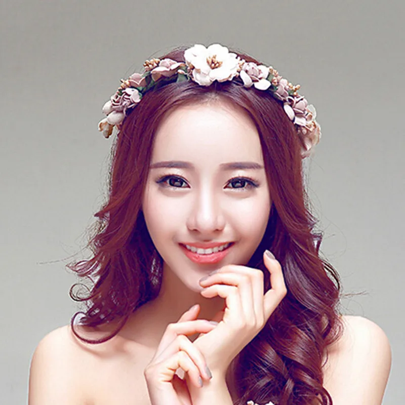 Hair Accessory Artificial Flower Wreath with Ribbon Hairband Handmade Wedding Headbands Flowers Garland Wreath for Women