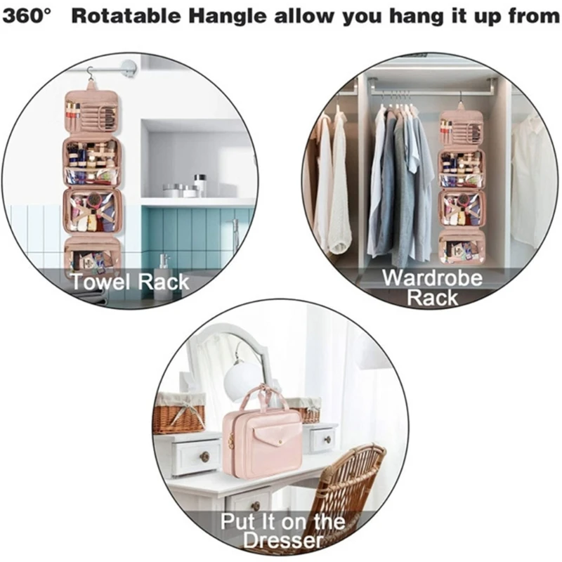 Travel Toiletry Bag with Hanging Hook Waterproof Makeup Cosmetic Bag Toiletries for Women Girl Leather Storage