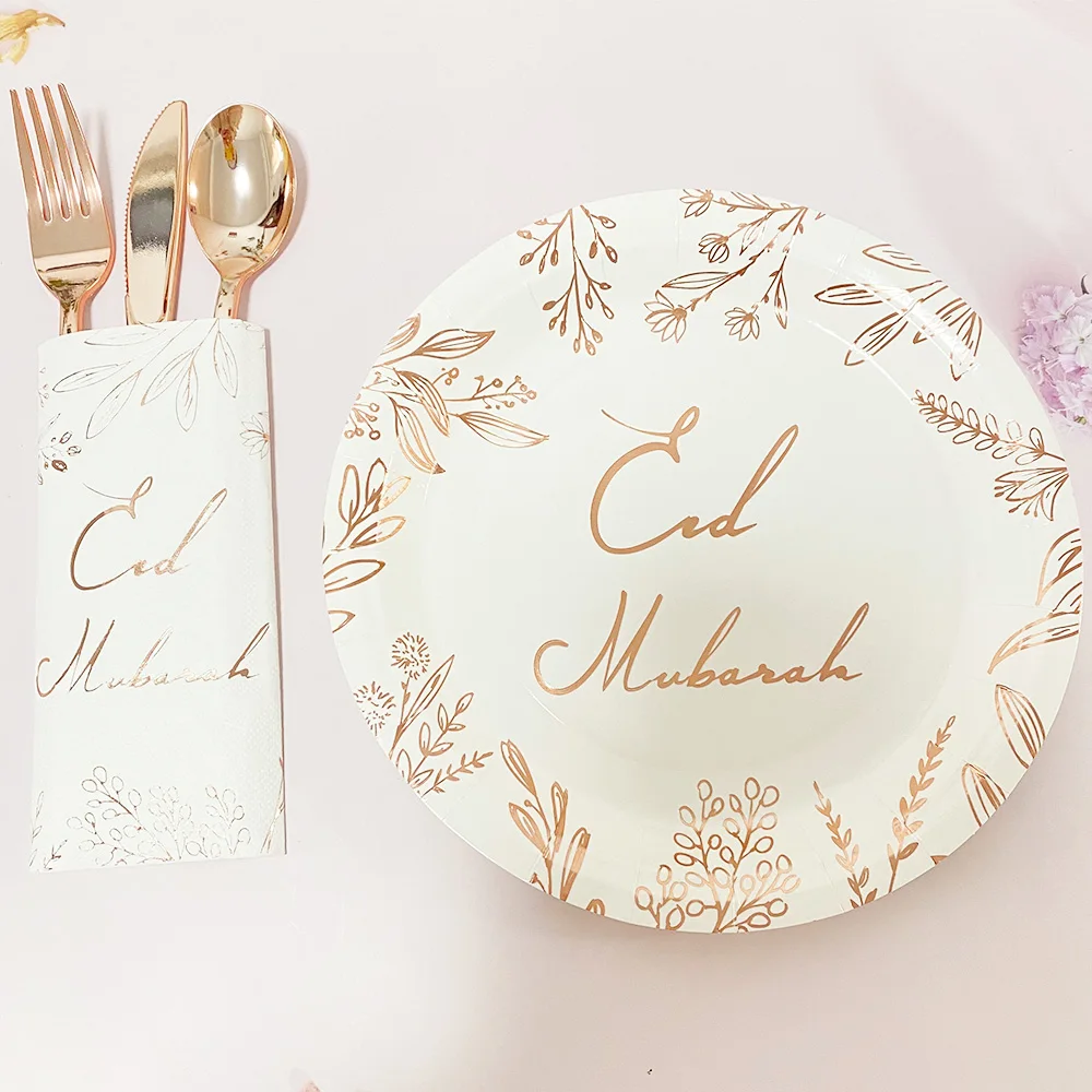 Rose Gold Eid Mubarak Disposable Tableware Paper Plates Cups Napkins