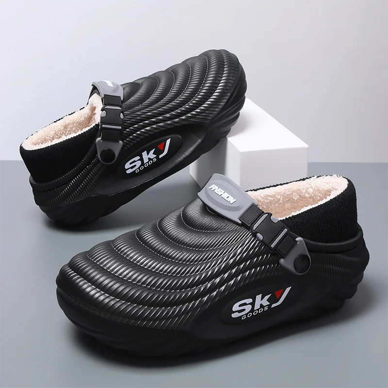 Men's Winter Warm Waterproof EVA Slippers Thick Sole 4CM Anti Slip Fur Lined Indoor Outdoor Shoes For Comfort