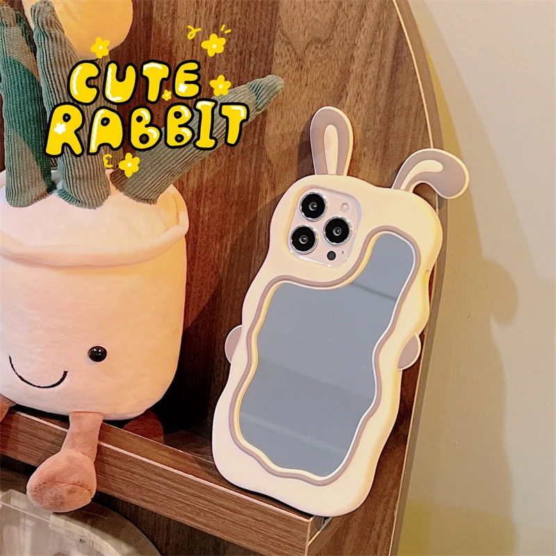 

Funny Cute 3D Rabbit Ears Phone Case For Iphone 13 Pro Max 12 11 XS XR X 7 8 Plus Luxury Girl Makeup Mirror Soft Silicone Cover