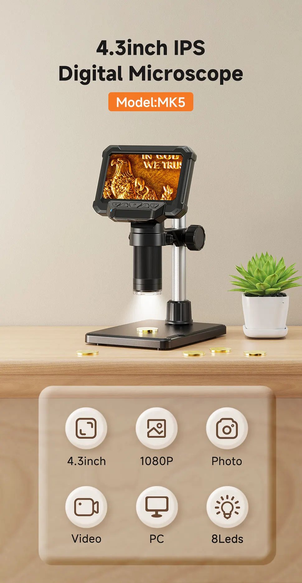 4.3inch Microscope Digital Coin Microscope 1600X Coin Magnifier with Lights 1920
